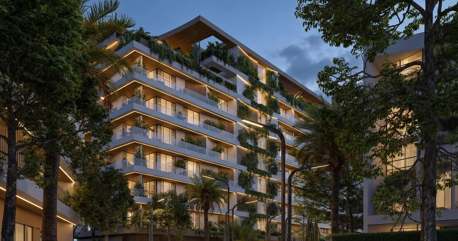 Lunaya Terraces residences rising above landscaped garden trees