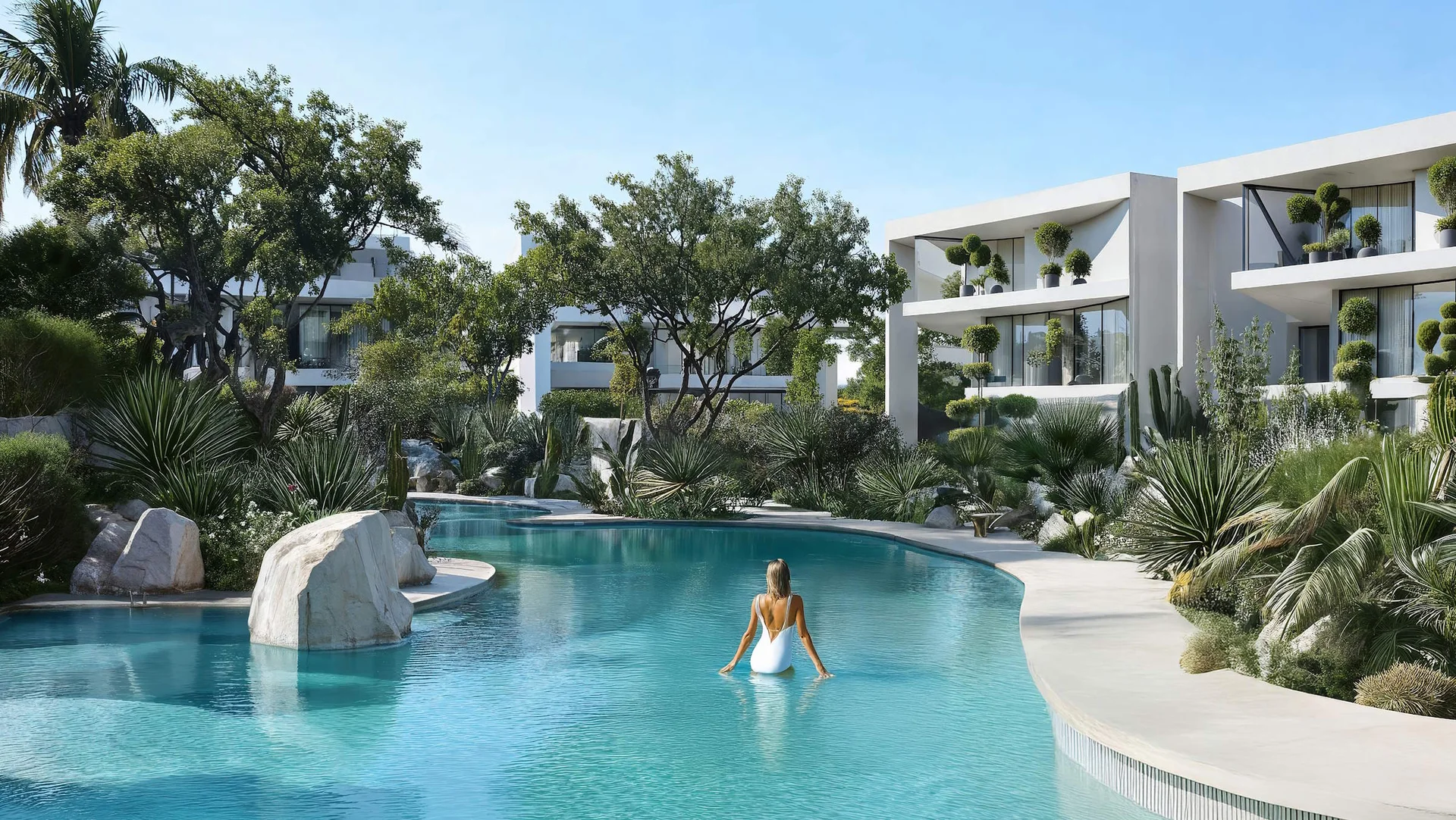 Resort-style swimmable lagoon pool with sandy shores