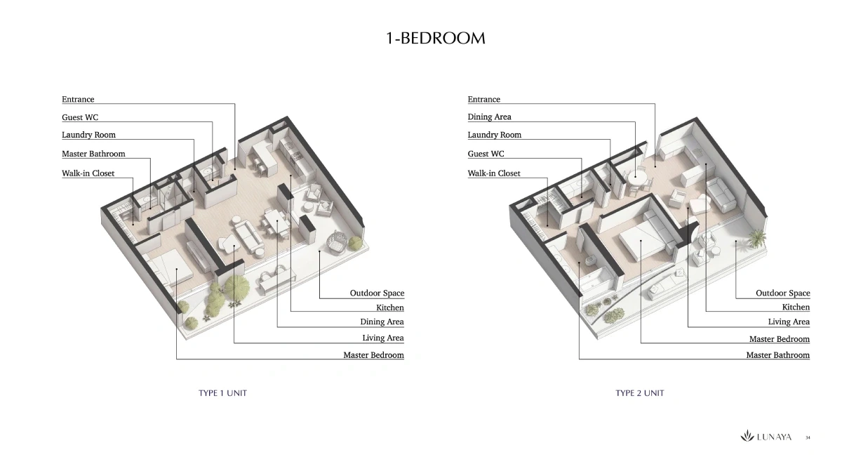 One bedroom floor plans, Type 1 and Type 2 units