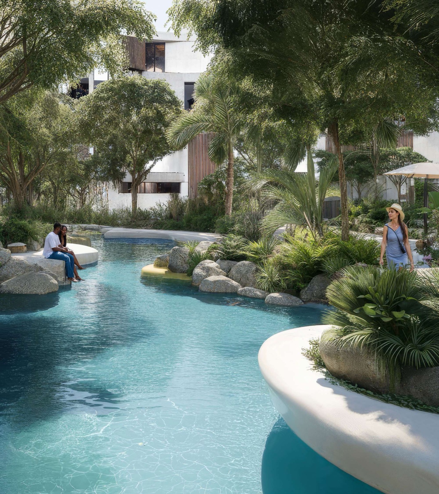 Swimmable lagoon and waterway winding through Lunaya Terraces landscaping