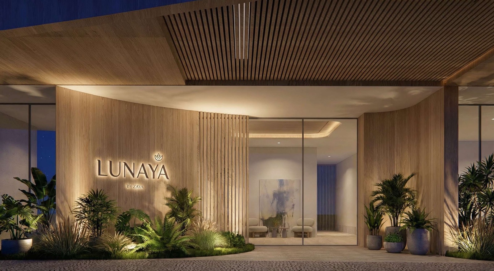 Lunaya Terraces lobby entrance at night