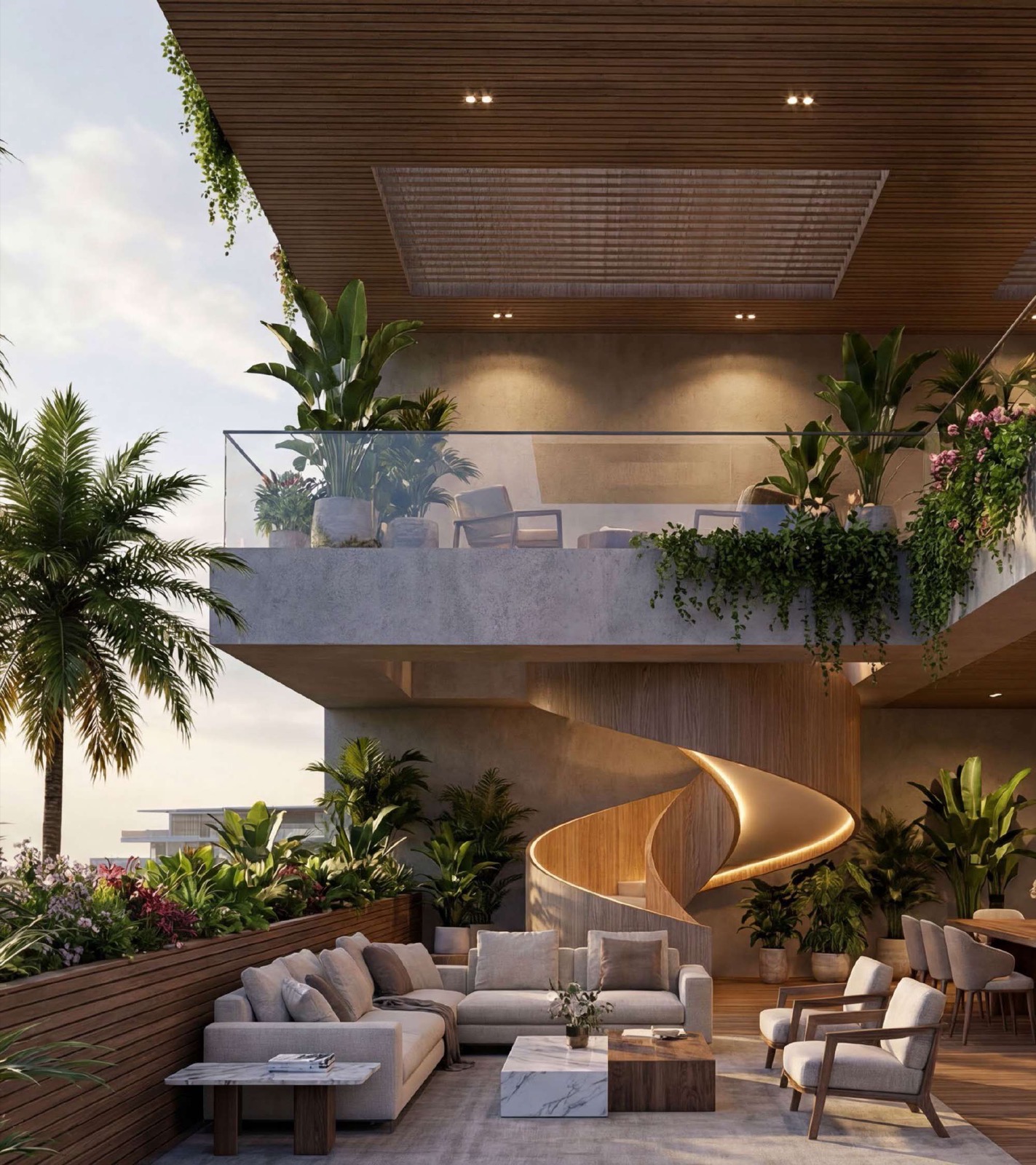 Outdoor residence lounge and terrace with spiral staircase at Lunaya Terraces