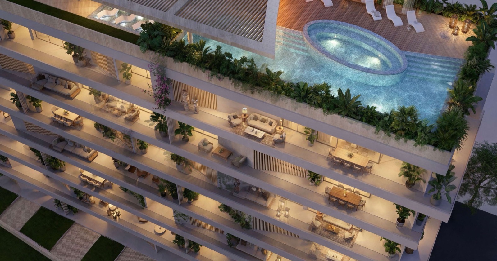 Rooftop pool and jacuzzi with sun deck at Lunaya Terraces
