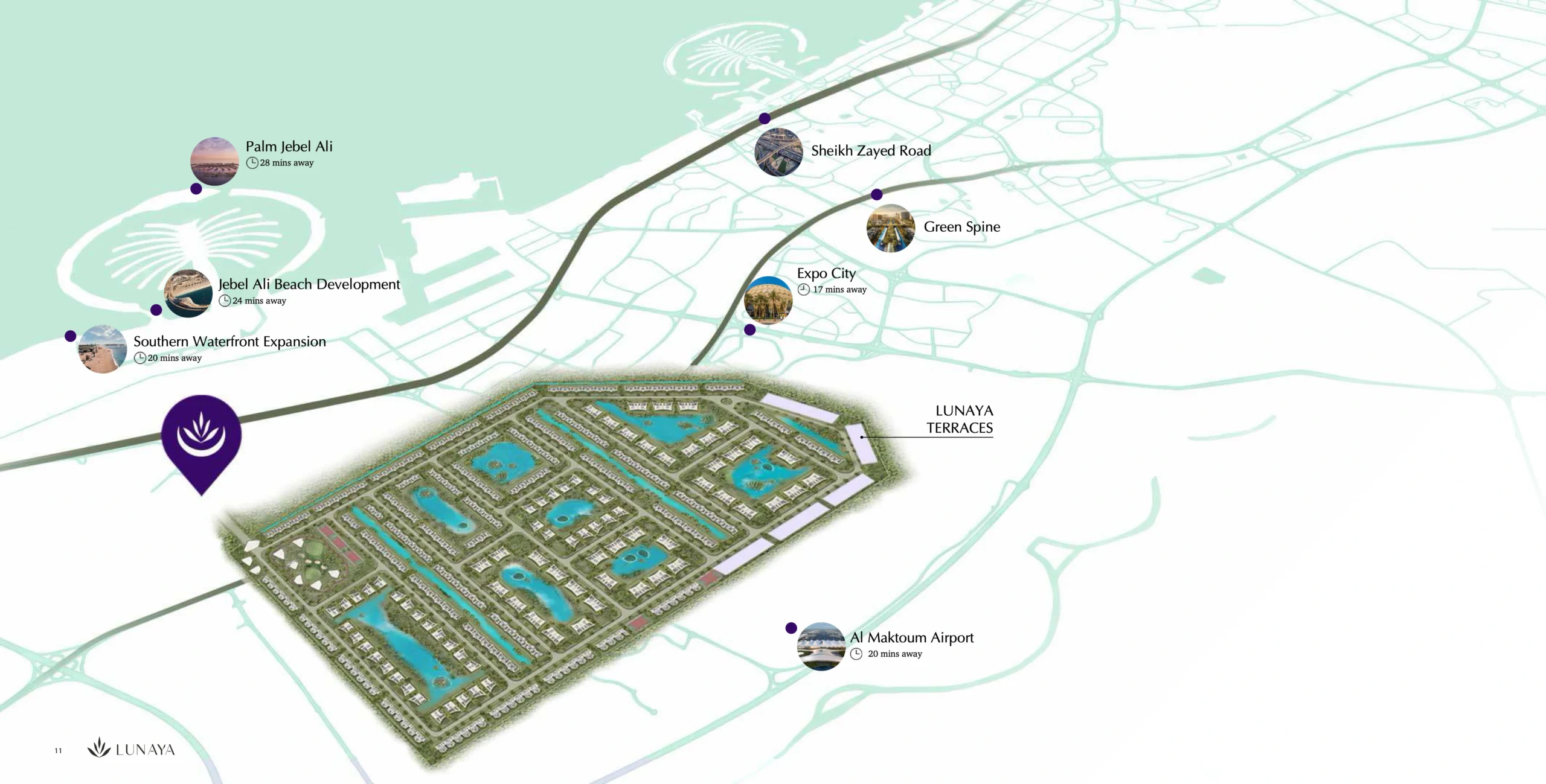 Lunaya Terraces location map near Sheikh Zayed Road, Jebel Ali